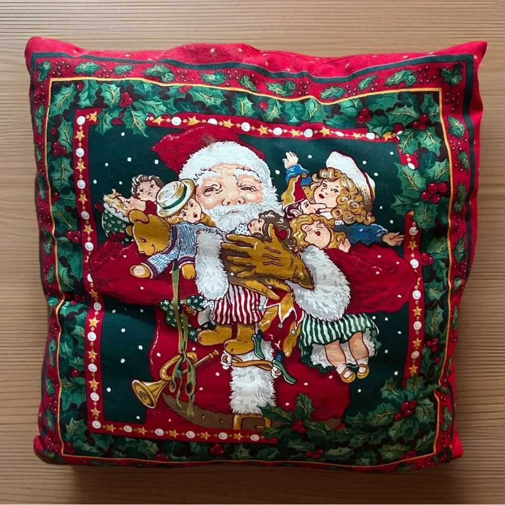 VINTAGE HAND SEWN 2 SIDED SANTA PILLOW 14x14” CHILDREN PRESENTS
